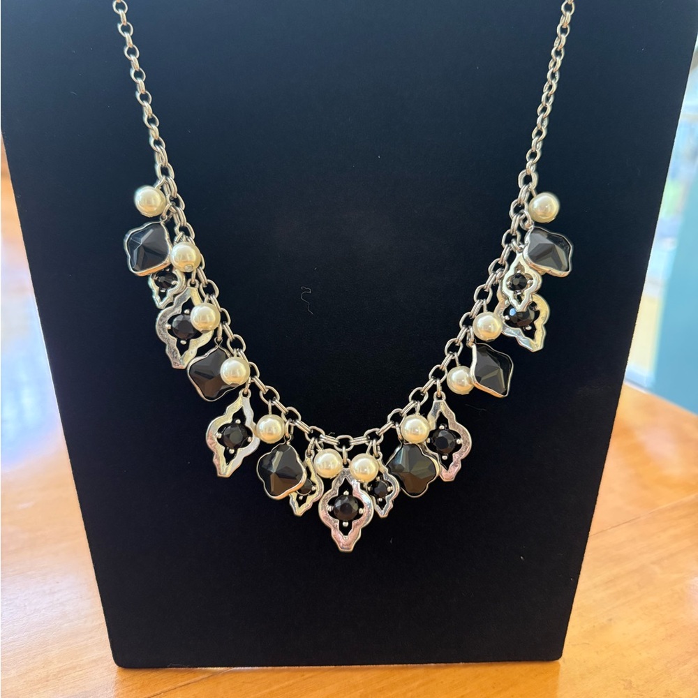 NECKLACE Signed W/H/B/M Silver Tone Chain Shiny Black Beads/Silver & Pearls
